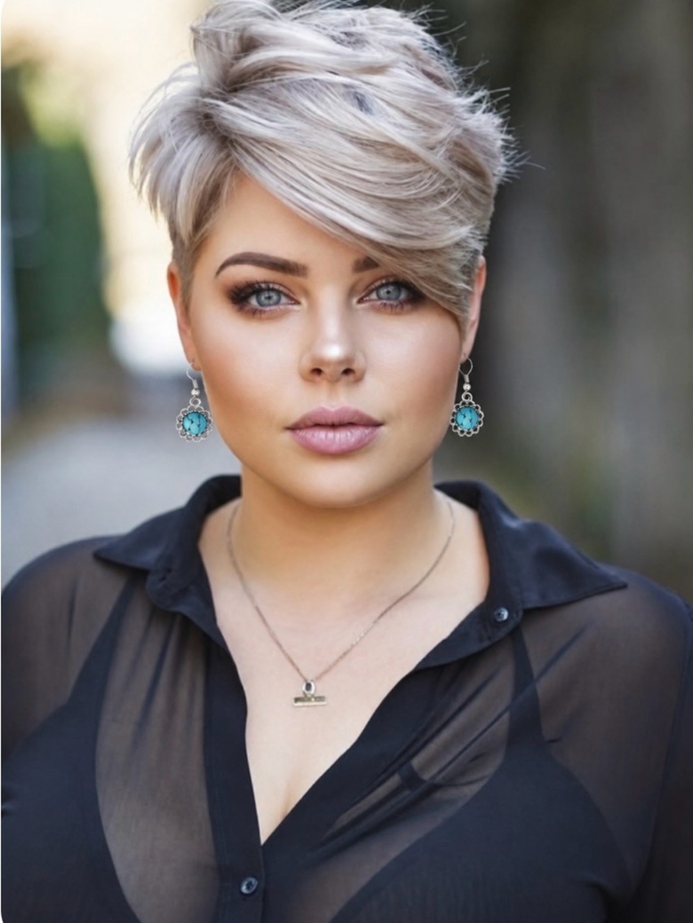 Short Blonde Pixie with Side Sweep - Turquoise Earrings